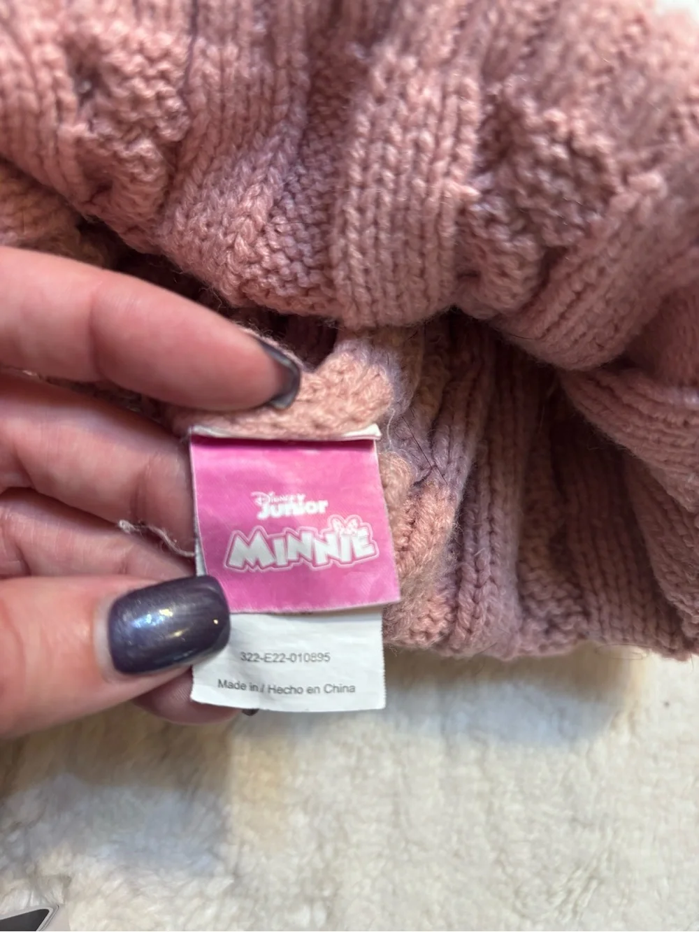Disney Kids Hat 2T-5T Minnie Mouse Cable Knit Beanie Pink and White